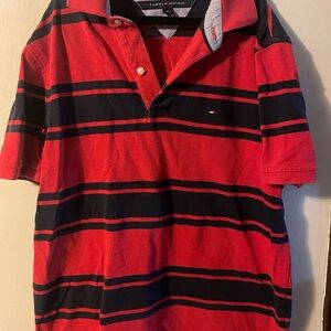 Tommy Hilfiger Men's Red and Navy Striped Polo Shirt